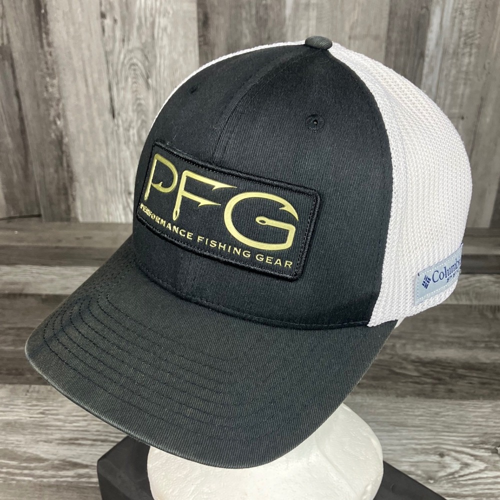 Columbia PFG Trucker Hat Black White Mesh Flexfit Performance Fishing Gear Cap